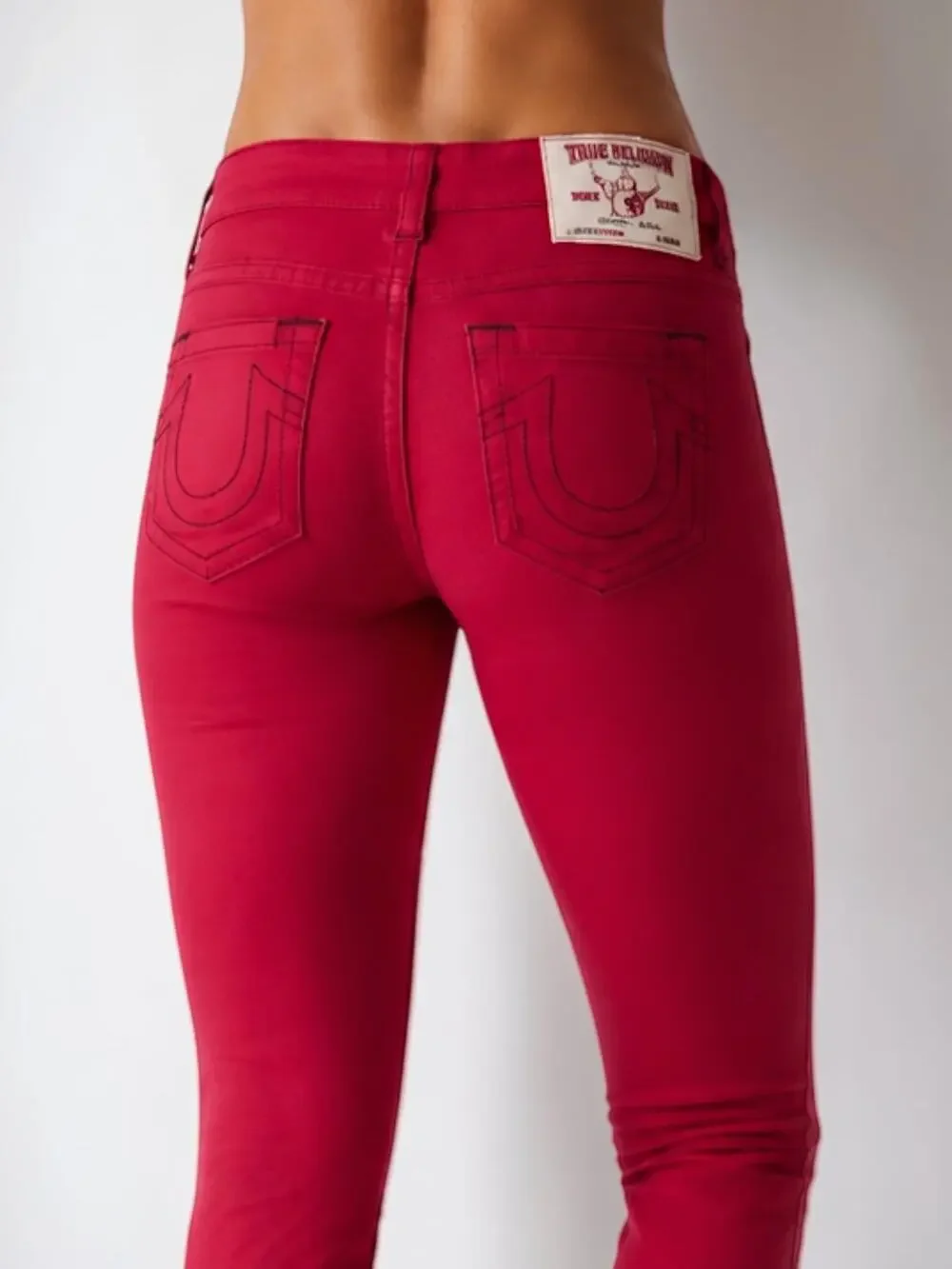TRUE RELIGION Horseshoe Buddha Patch Y2K Skater Kidcore Red Skinny Pants LowRise